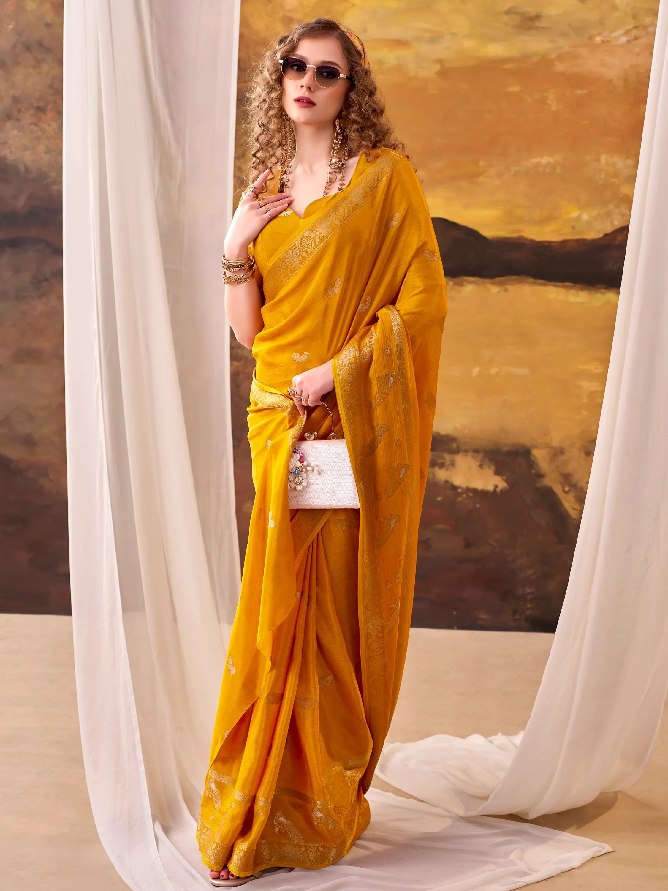 Rich Mustard Yellow Zari Weaving Crepe Haldi Wear Saree With Blouse