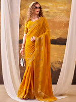 Rich Mustard Yellow Zari Weaving Crepe Haldi Wear Saree With Blouse