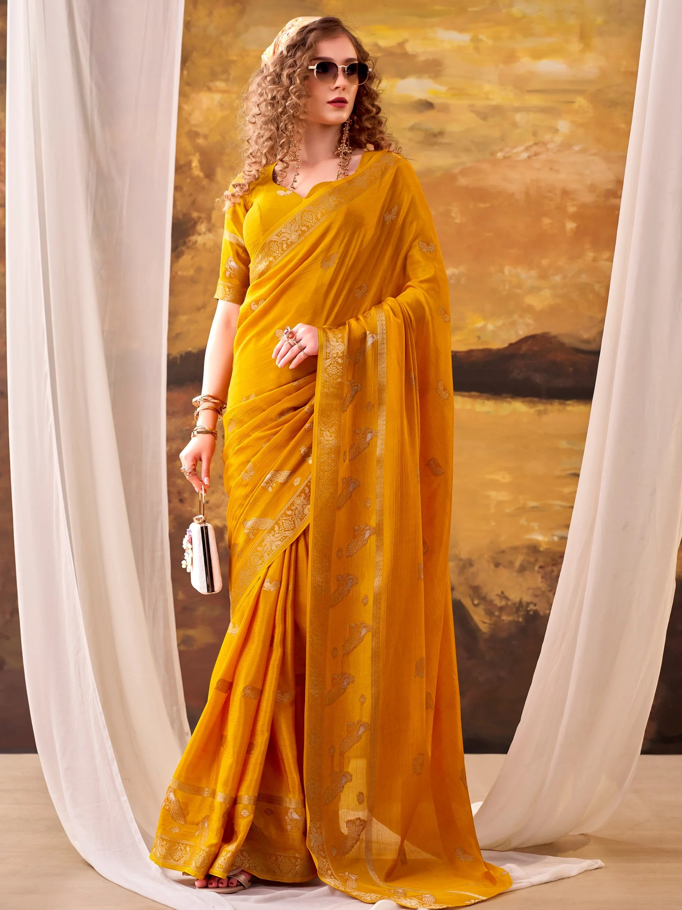 Rich Mustard Yellow Zari Weaving Crepe Haldi Wear Saree With Blouse