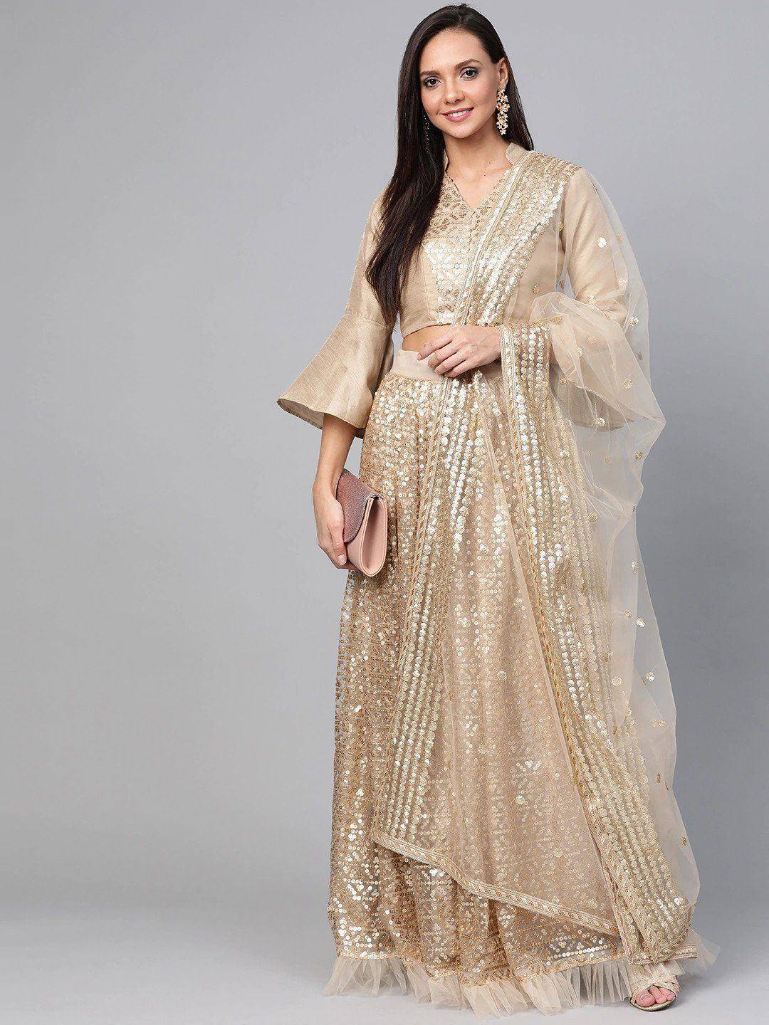 Gold sequin lehenga choli with sheer dupatta, ethnic Indian wear for weddings and parties