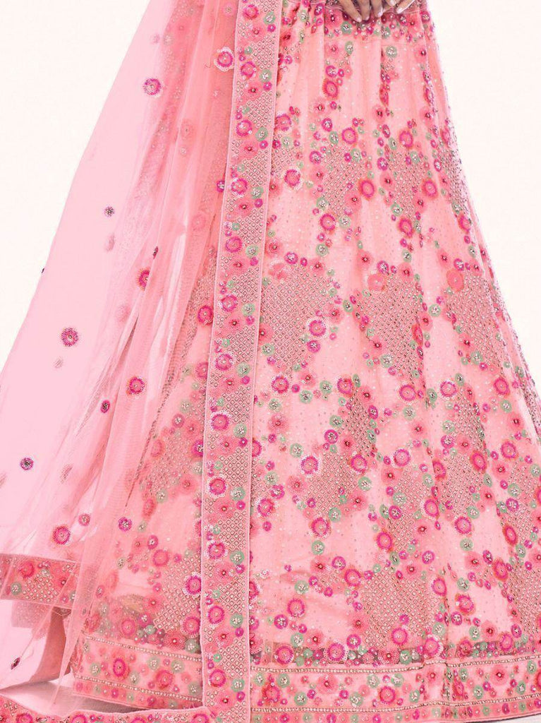 Impressive Pink Embroidered Soft Net Engagement Lehenga Choli