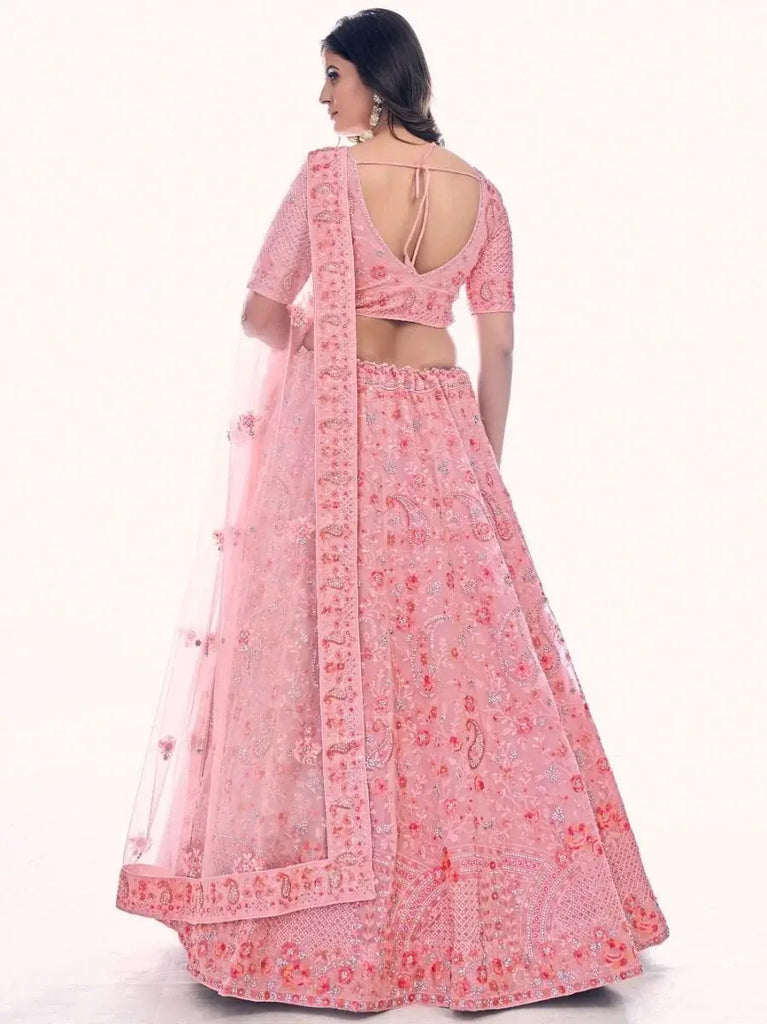 Fascinating Pink Embroidered Soft Net Lehenga Choli