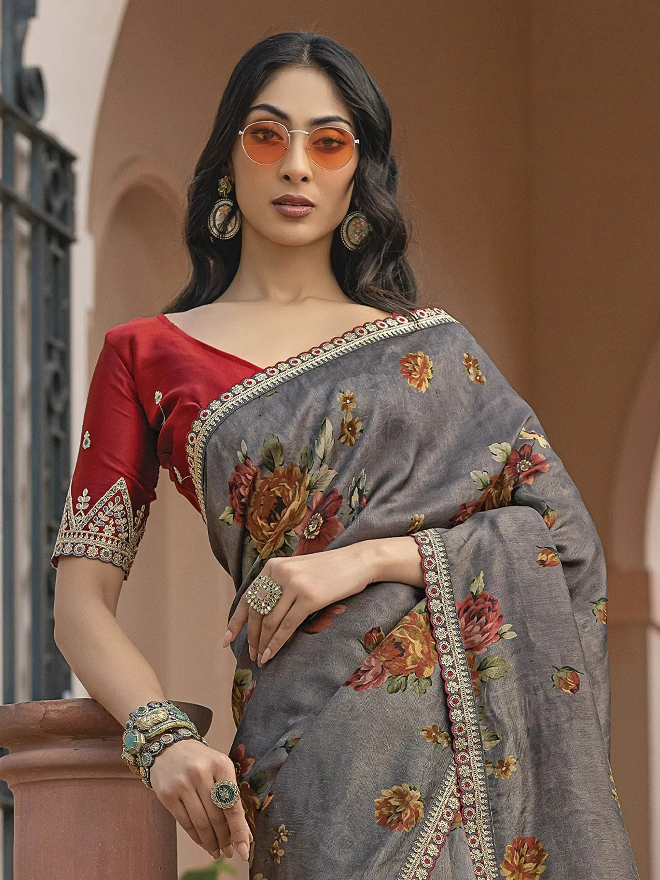Grey floral saree with red blouse, ethnic wear for women, designer Indian saree with embroidery