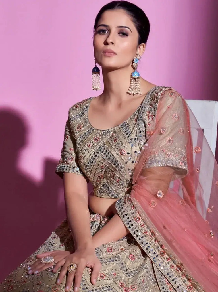 Incredible Beige Mirror Work Gota Silk Lehenga Choli
