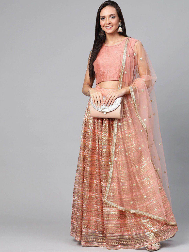 Peach-Coloured & Golden Semi-Stitched Myntra Lehenga & Unstitched Blouse with Dupatta