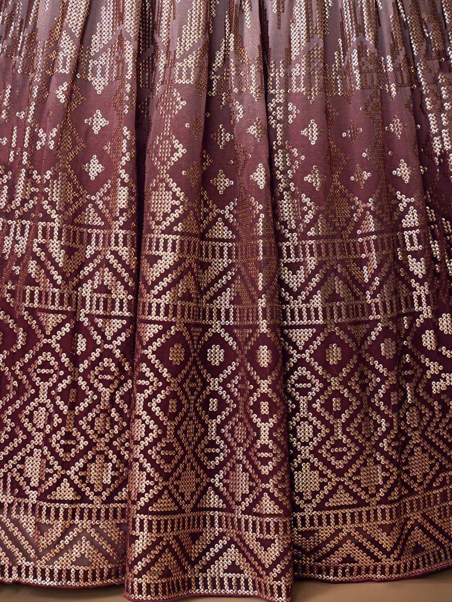 Maroon lehenga skirt with gold geometric sequin embroidery, ethnic wear for festive occasions