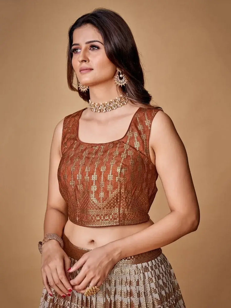 Impressive Brown Sequined Georgette Cocktail Party Lehenga Choli