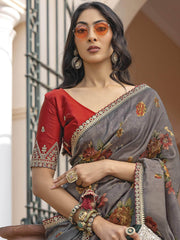 Artistic Grey Silk Flower Printed Casual Wear Saree With Blouse