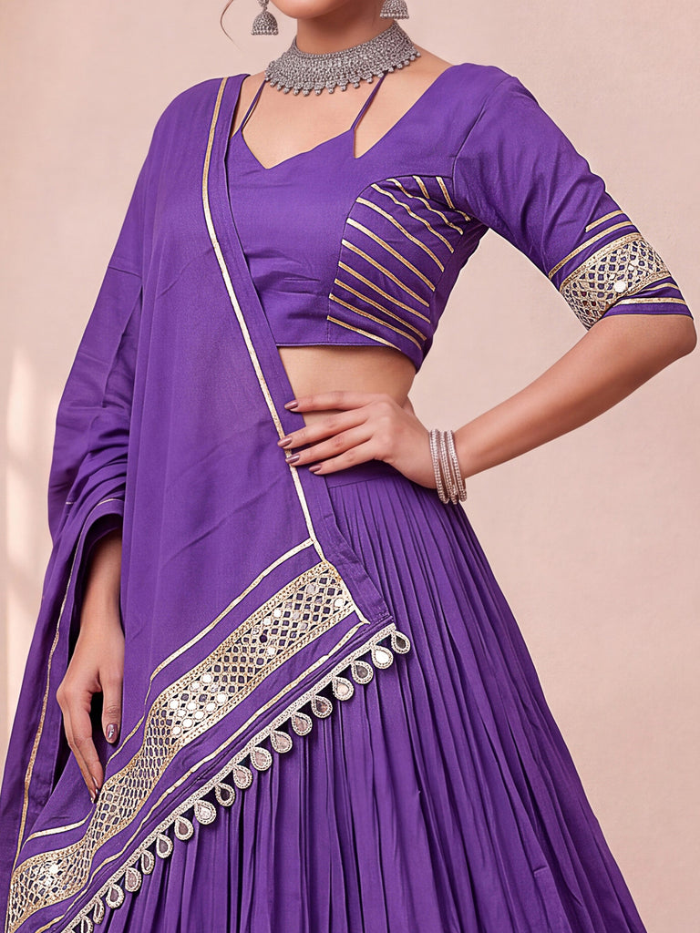 Wondrous Purple Mirror Laced Cotton Navratri Lehenga Choli With Dupatta