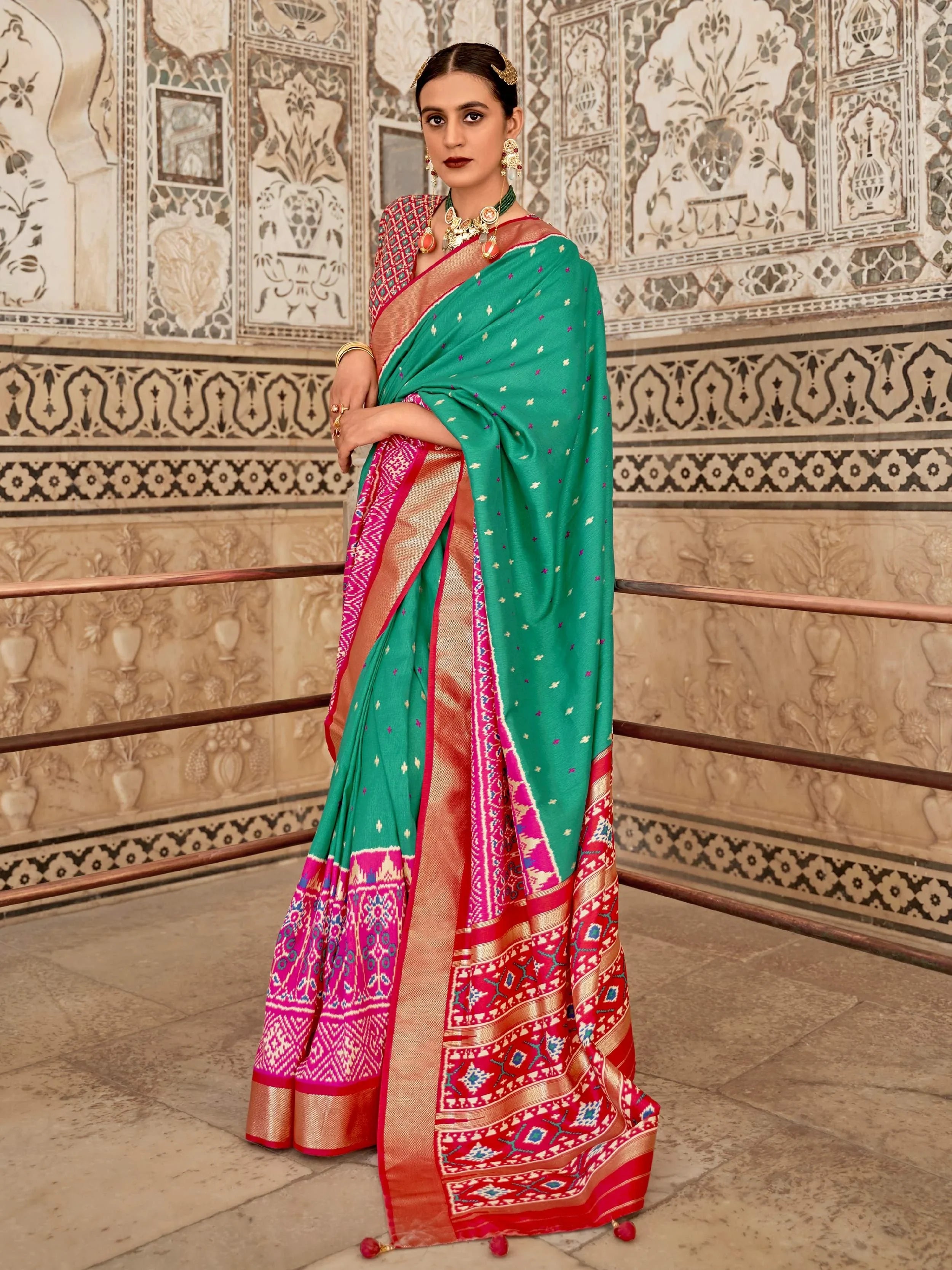 Awesome Green Cotton Patola Printed Traditional Saree With Blouse
