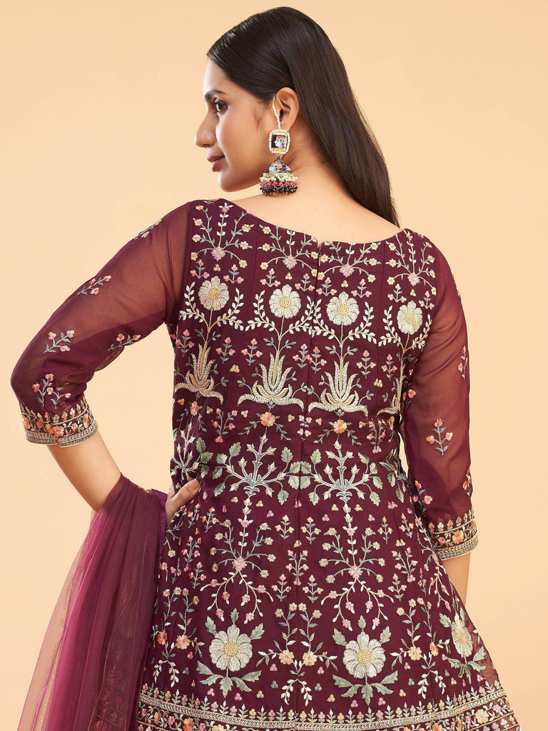 Fantastic Wine Multi-Thread Georgette Party Wear Anarkali Pant Suit