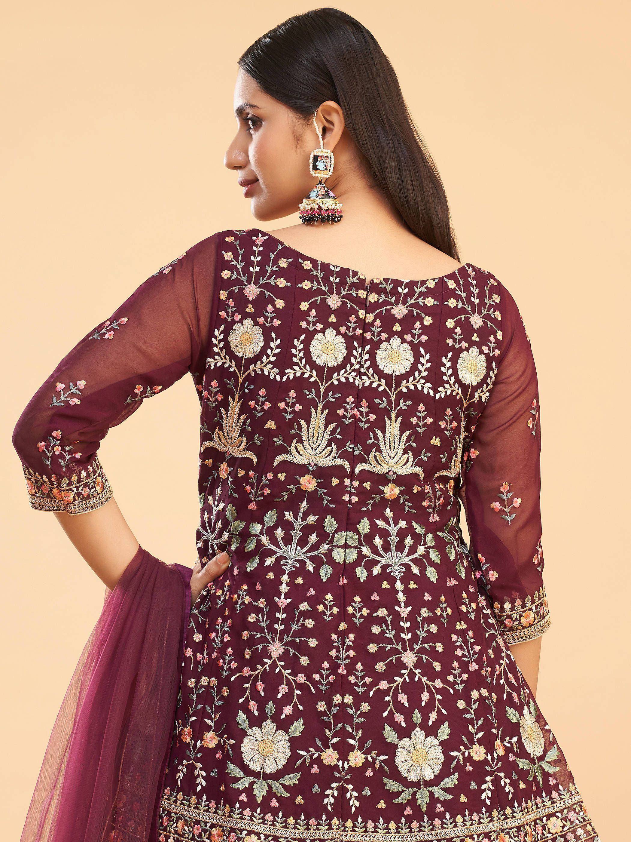 Maroon embroidered salwar kameez with floral design, sheer sleeves, and matching dupatta for Indian ethnic wear