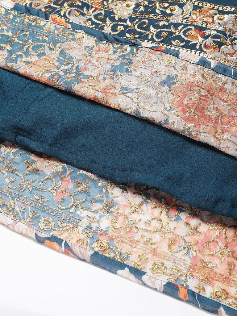 Blue & Peach-Coloured Embellished Sequinned Semi-Stitched Myntra Lehenga & Unstitched Blouse