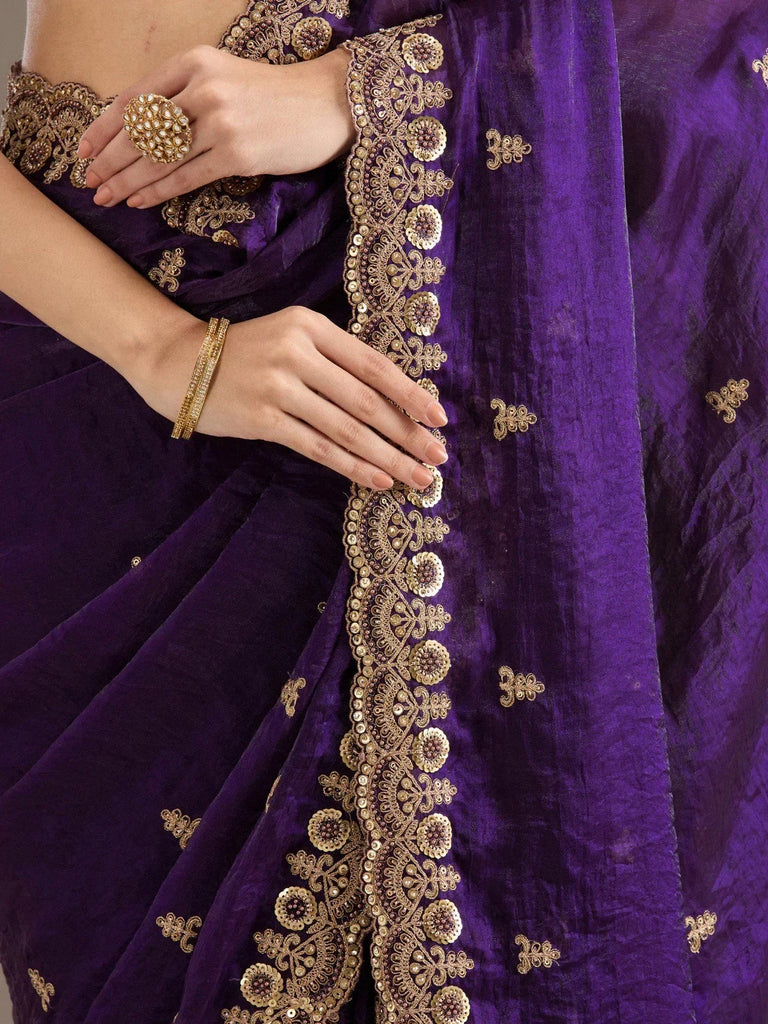 Beautiful Purple Zari Embroidered Silk Party Wear Saree With Blouse