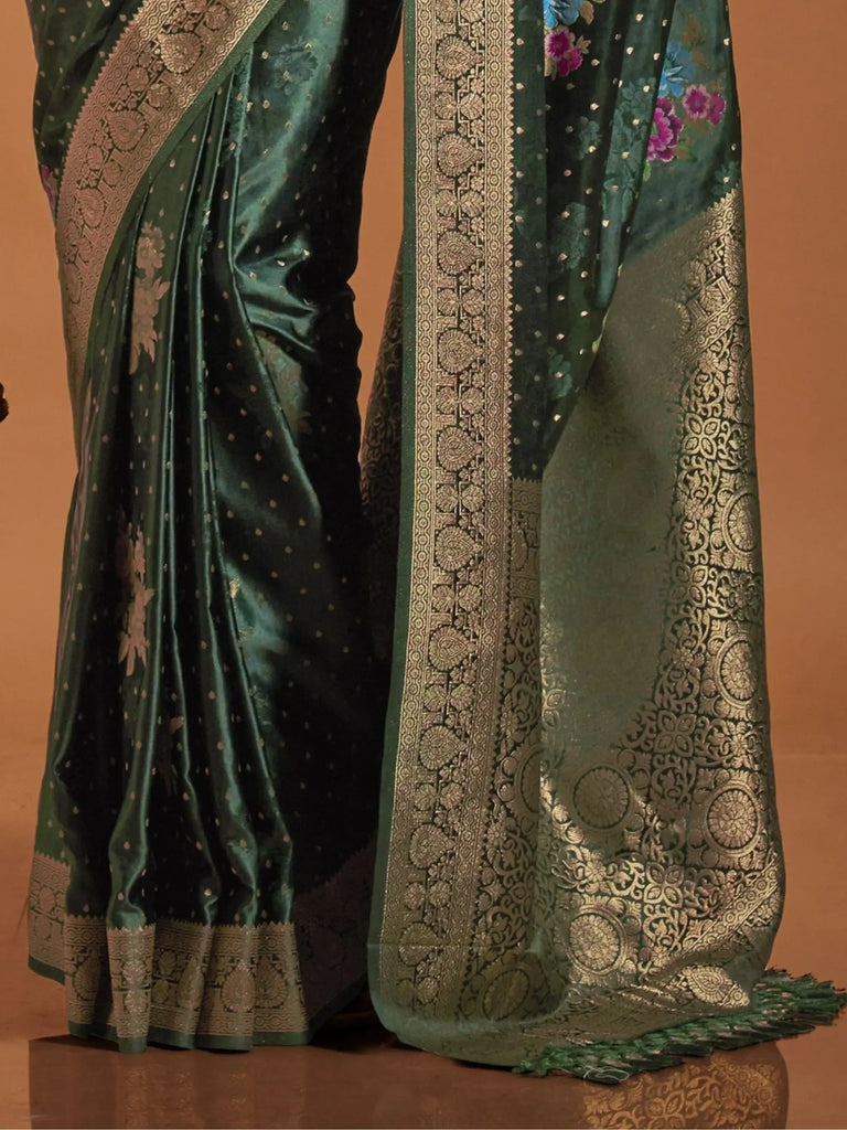 Adorable Green Floral Weaving Satin Party Wear Saree With Blouse