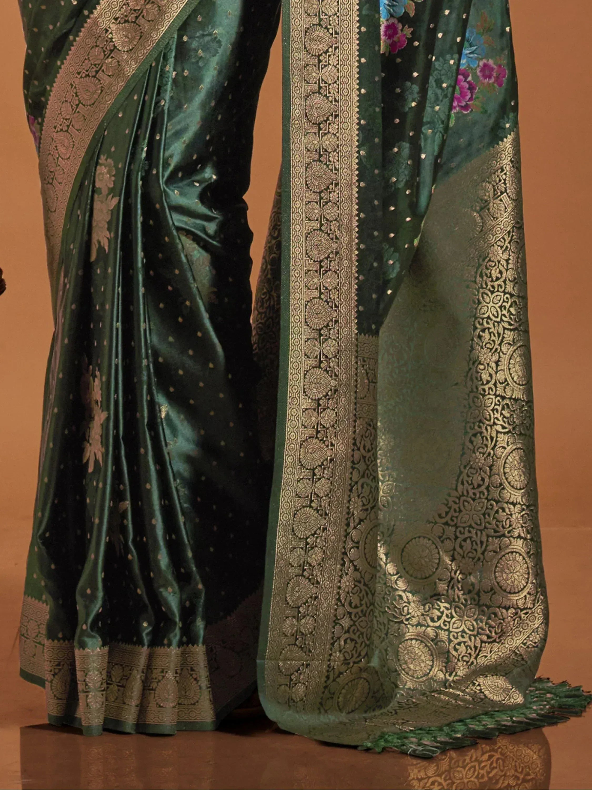 Emerald green silk saree with gold zari border and floral embroidery, Indian ethnic wear