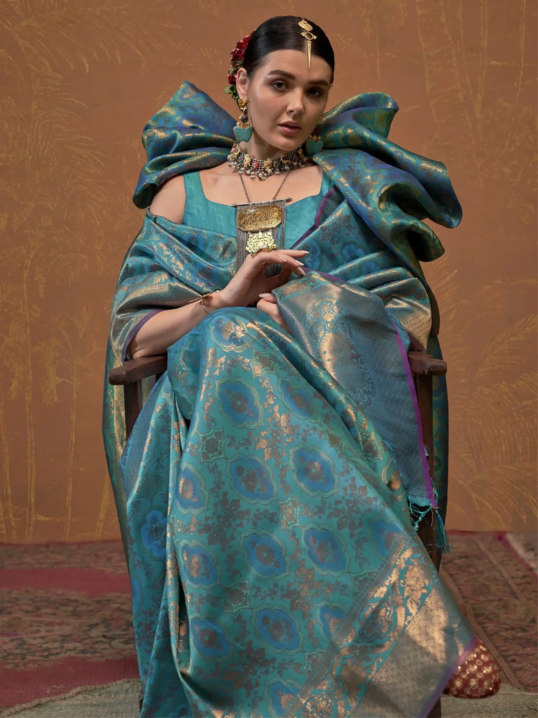 Startling Teal Blue Handloom Weaving Silk Event Wear Saree With Blouse