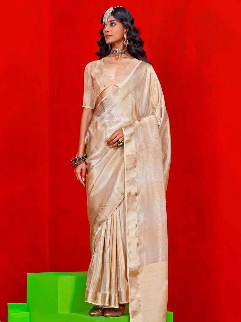 Beautiful Cream Zari Weaving Silk Traditional Saree With Blouse
