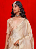 Beautiful Cream Zari Weaving Silk Traditional Saree With Blouse