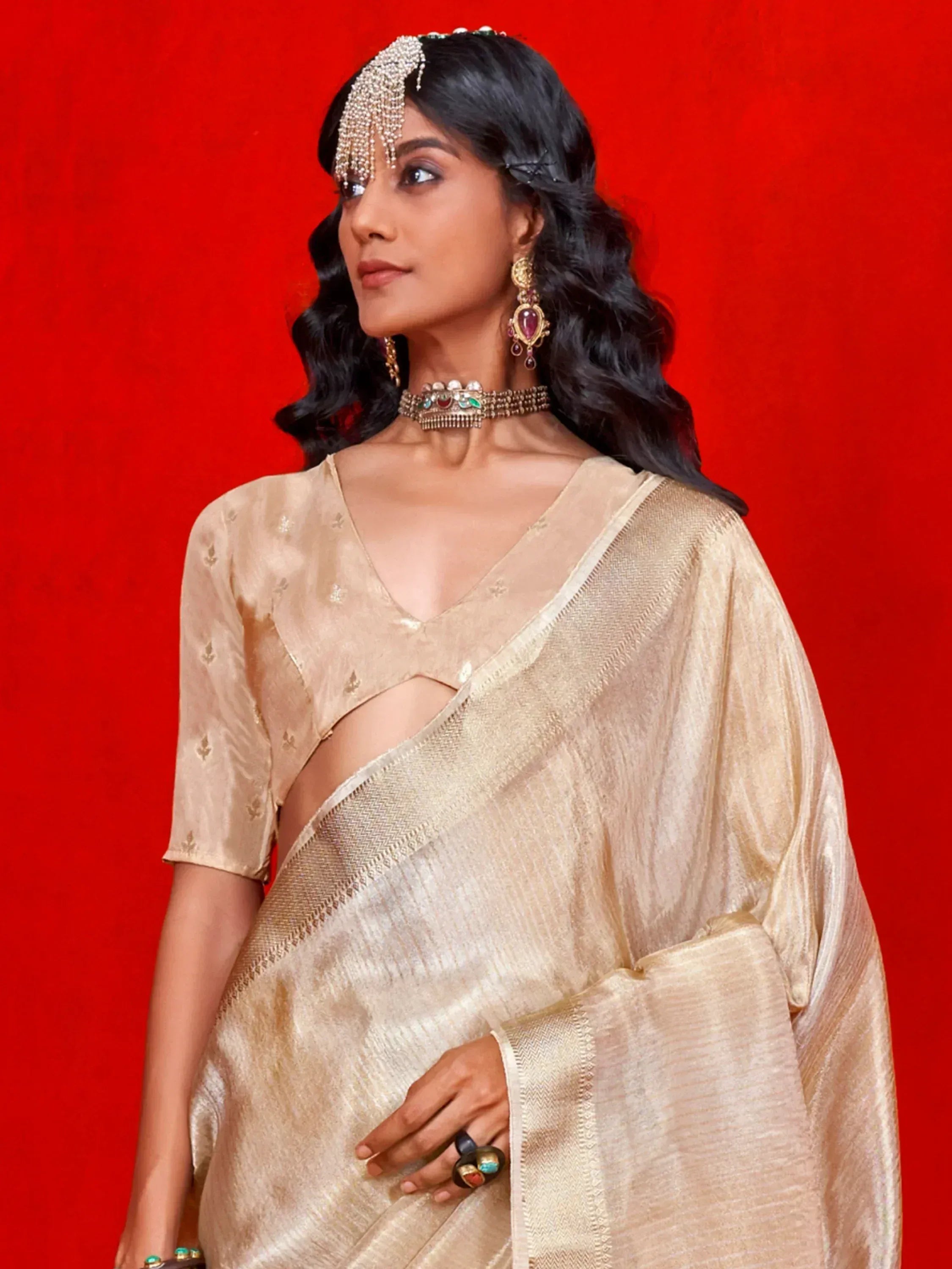 Elegant woman in gold saree with designer blouse, traditional jewelry, against red backdrop