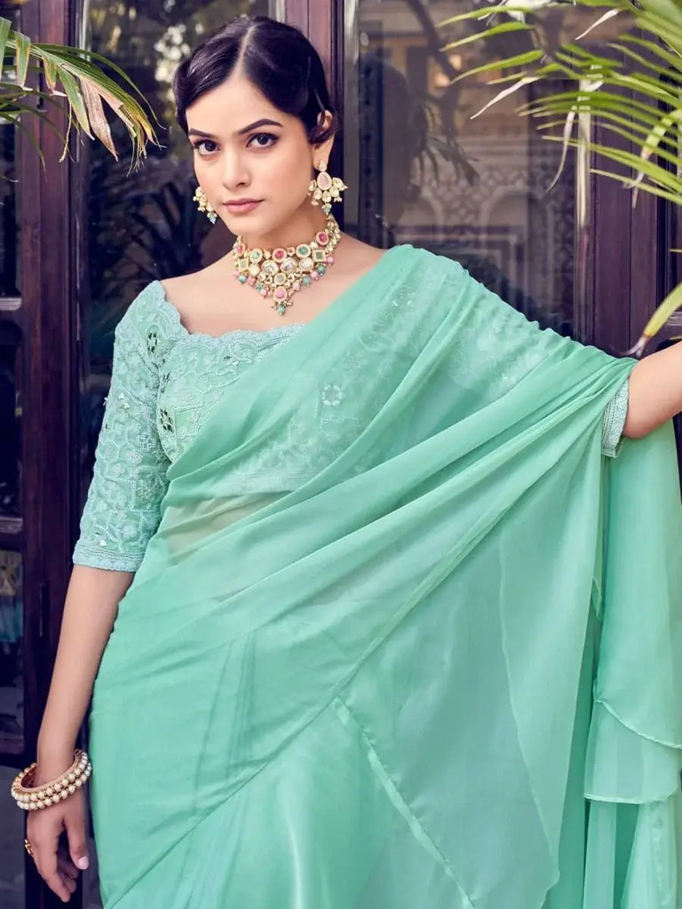 Classy Sea-green Sequins Organza Party Wear Ruffle Saree With Blouse