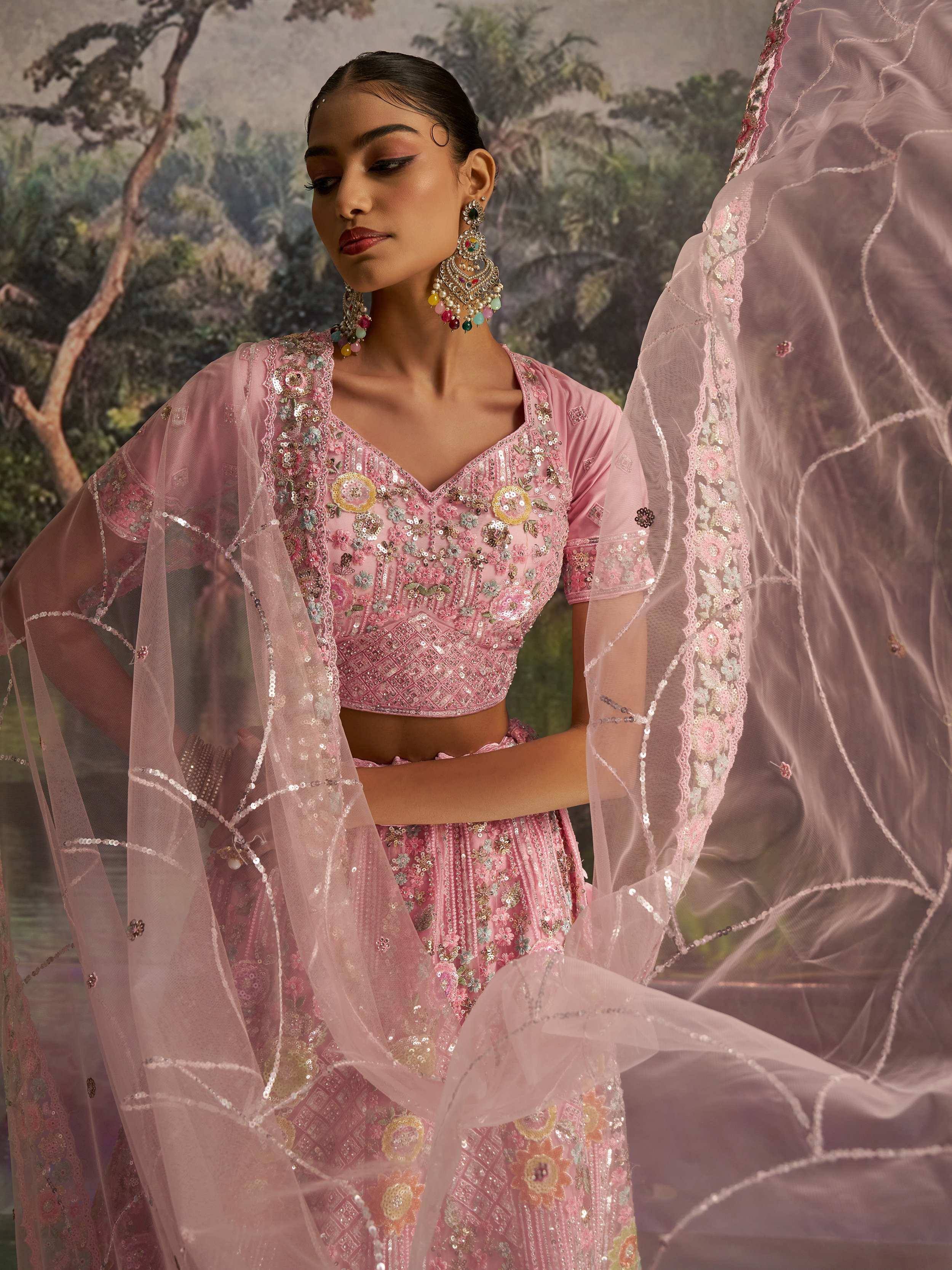 Pink embroidered lehenga choli with sequins and sheer dupatta, Indian ethnic wear for weddings