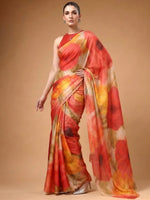 Captivating Multi Color Floral Printed Satin Event Wear Saree With Blouse