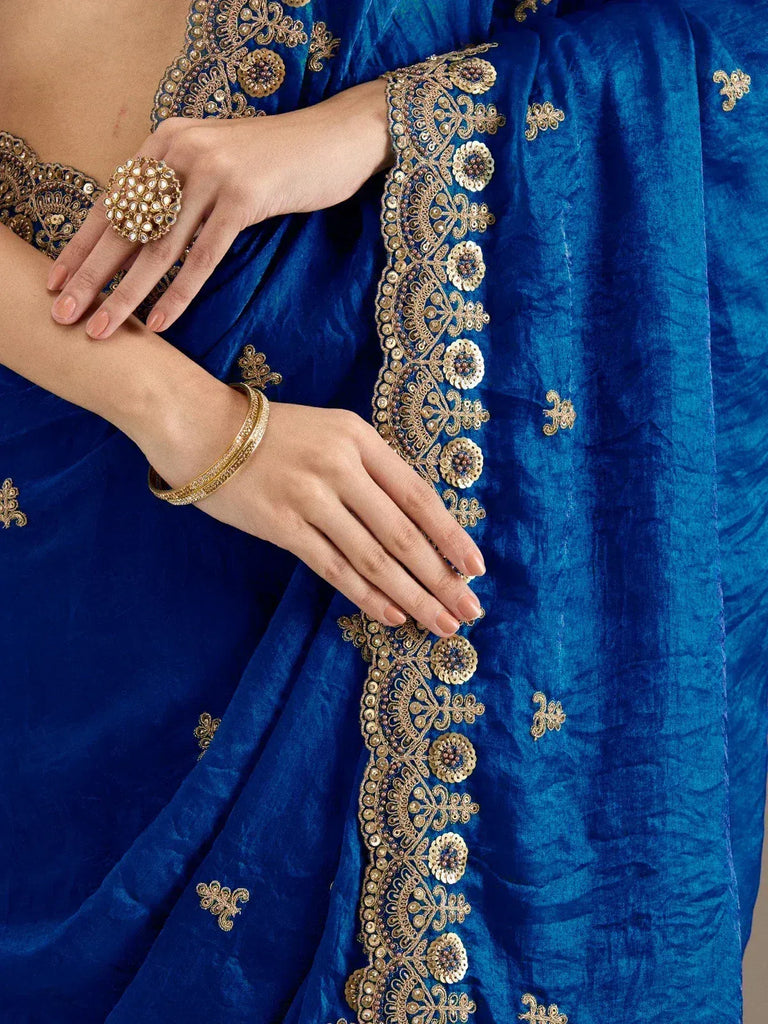 Dazzling Blue Embroidered Silk Festive Wear Saree With Blouse