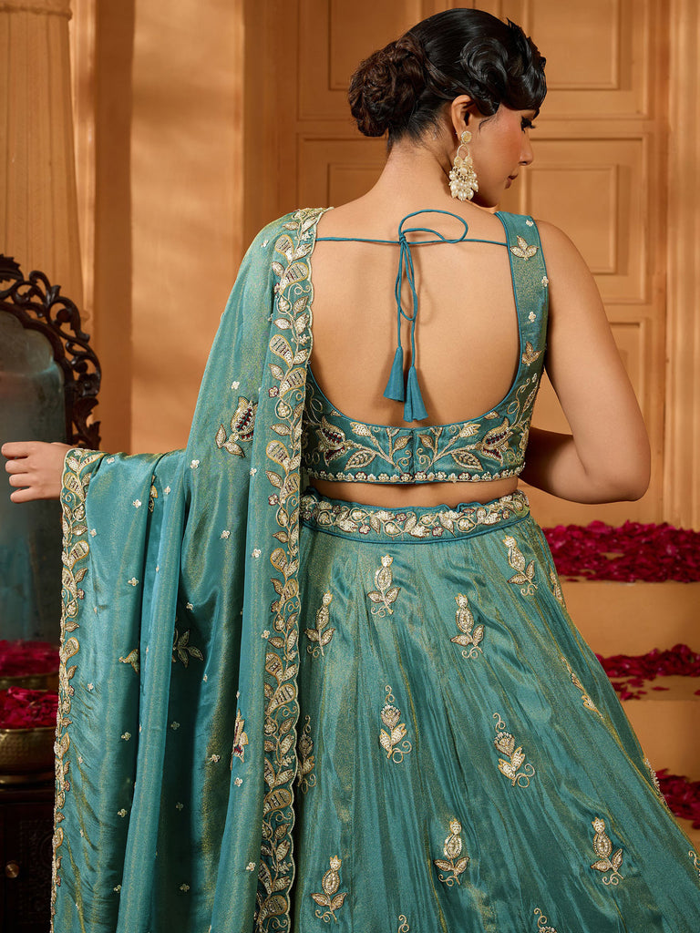 Graceful Teal Blue Floral Embroidery Tissue Traditional Lehenga Choli