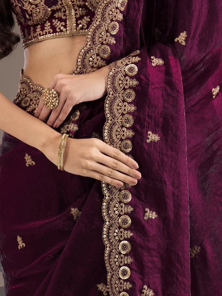 Stunning Wine Embroidered Silk Reception Wear Saree With Blouse