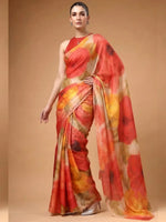 Captivating Multi Color Floral Printed Satin Event Wear Saree With Blouse