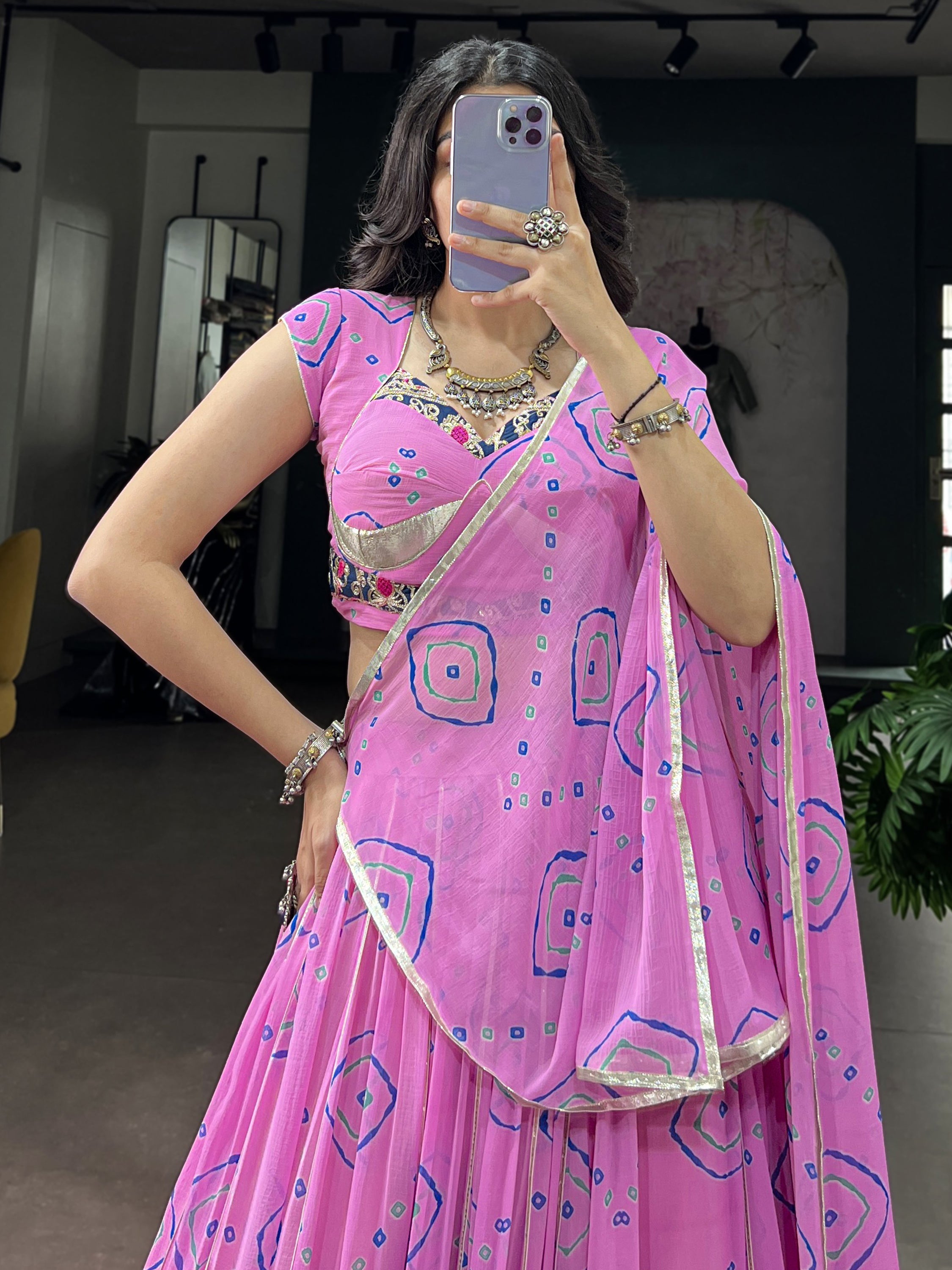Regal Baby Pink Bandhej Printed Georgette Navratri Wear Lehenga Choli
