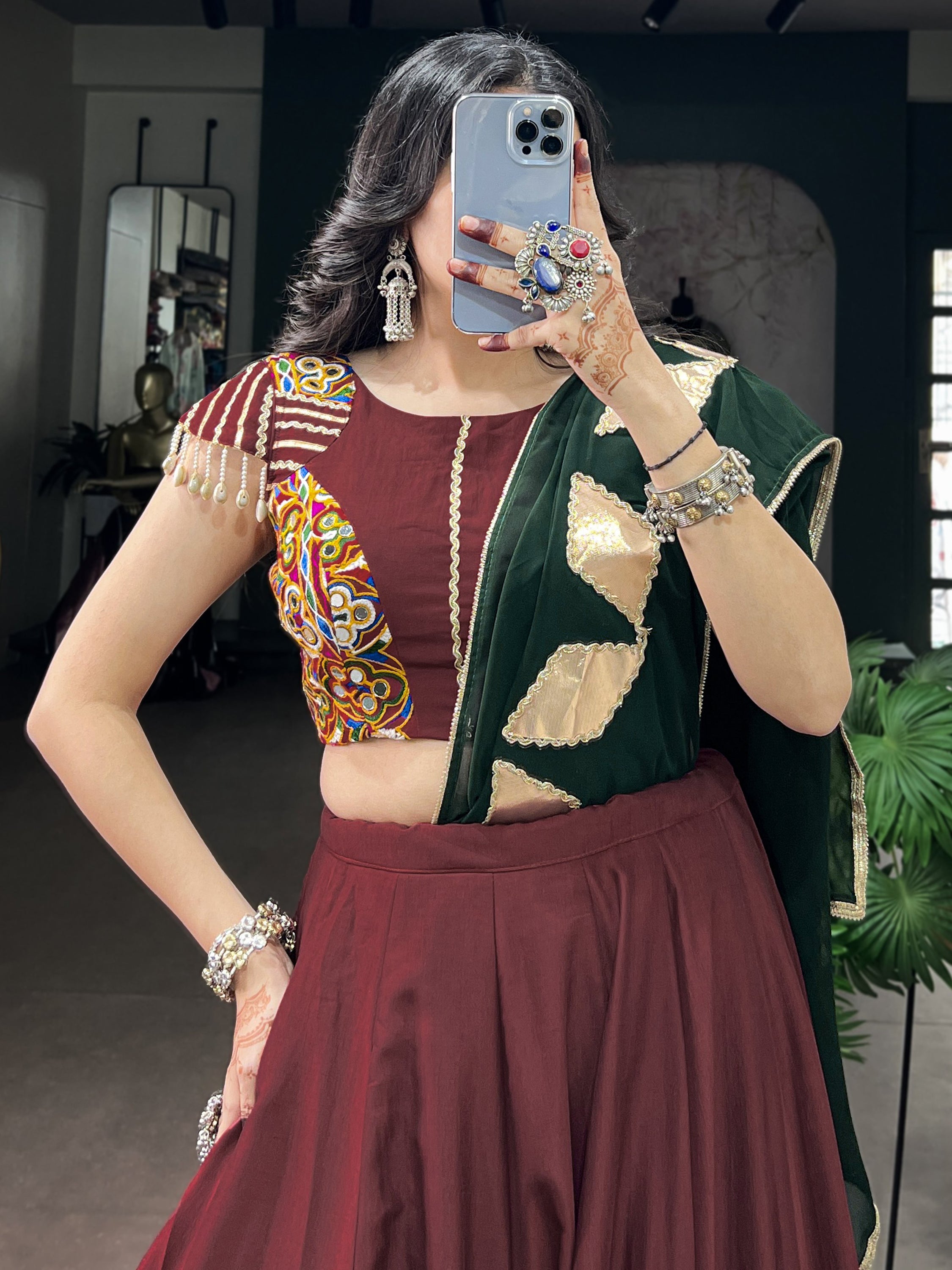 Royal Maroon Patch Work Chinon Navratri Wear Lehenga Choli With Dupatta