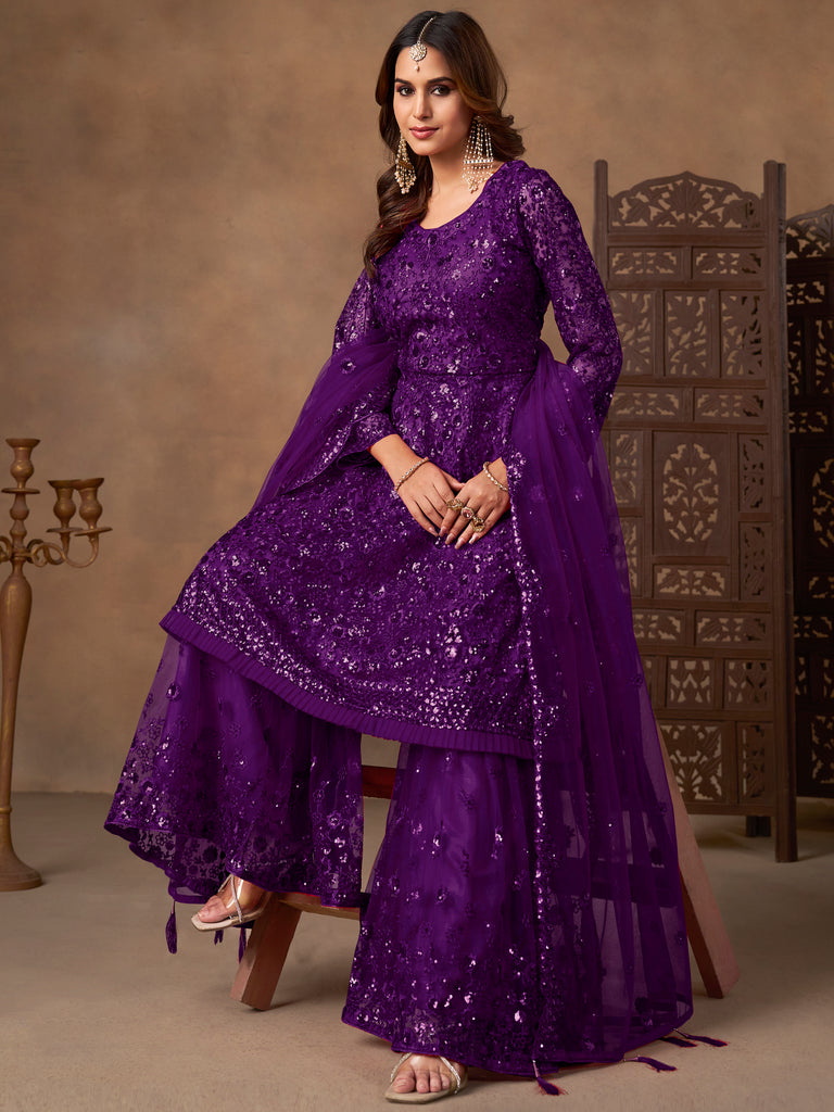 Precious Purple Embroidered Net Function Wear Sharara Suit