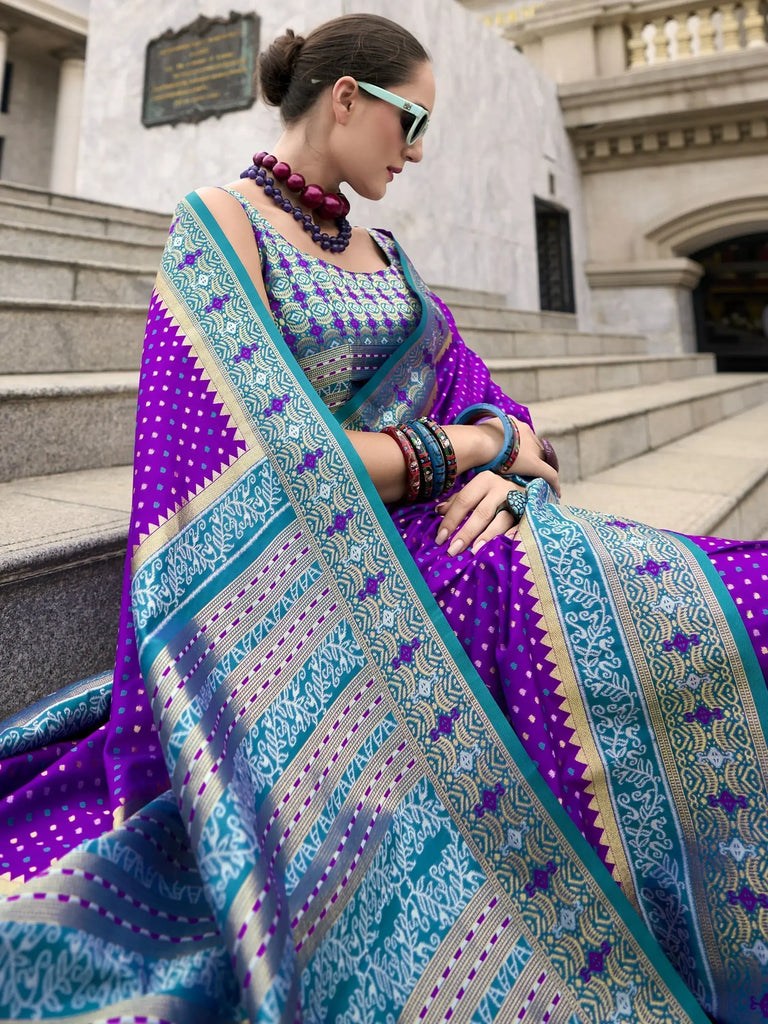 Amazing Violet Weaving Banarasi Silk Festival Wear Saree With Blouse