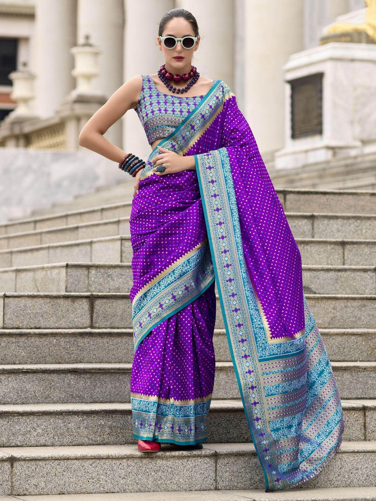 Amazing Violet Weaving Banarasi Silk Festival Wear Saree With Blouse