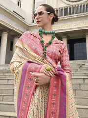 Unique Cream Weaving Banarasi Silk Function Wear Saree With Blouse