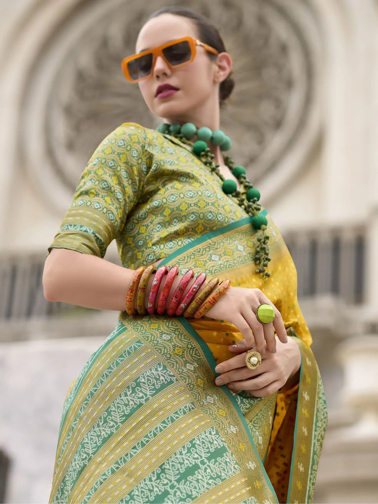 Beautiful Yellow Weaving Banarasi Silk Haldi Wear Saree With Blouse