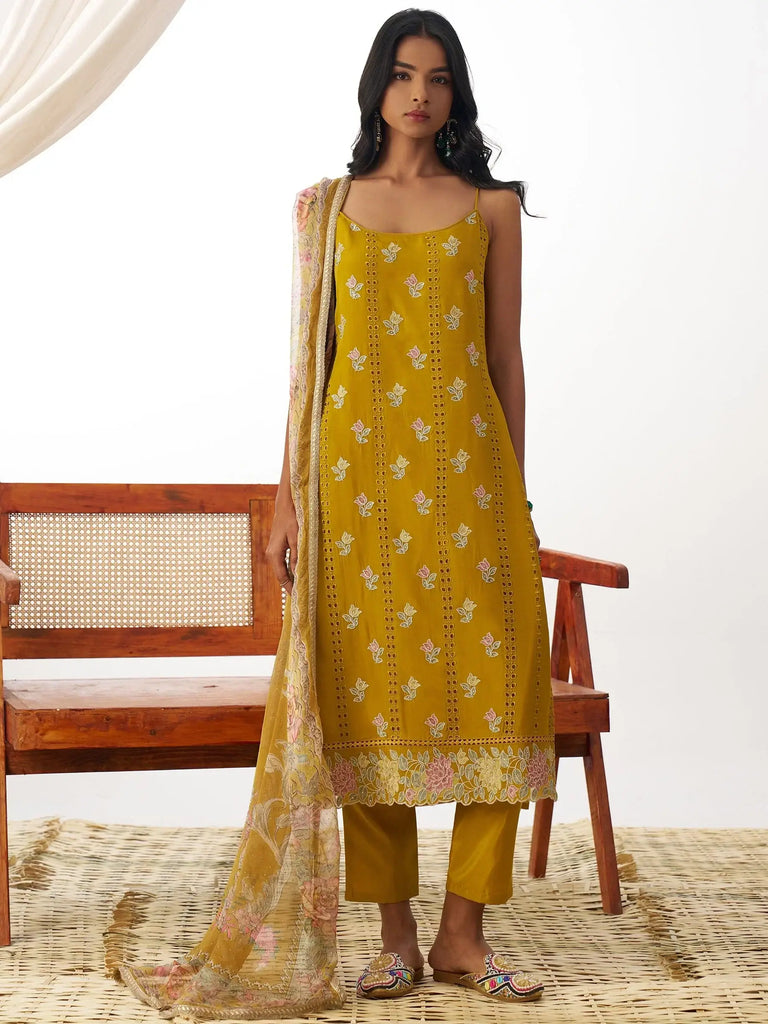 Stunning Mustard Yellow Thread Work Organza Haldi Wear Straight Suit