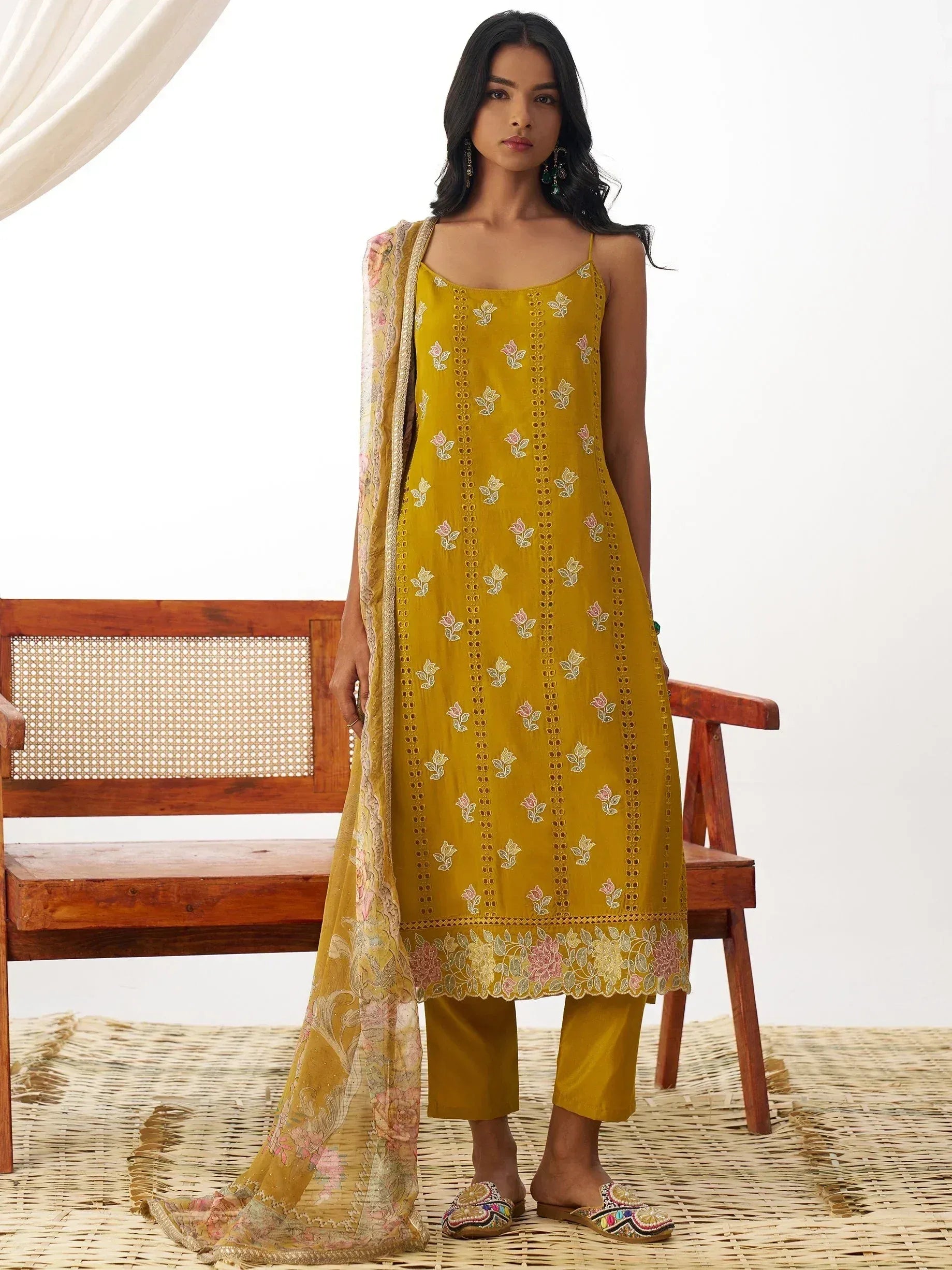 Mustard yellow embroidered salwar kameez with floral dupatta, ethnic Indian wear for women