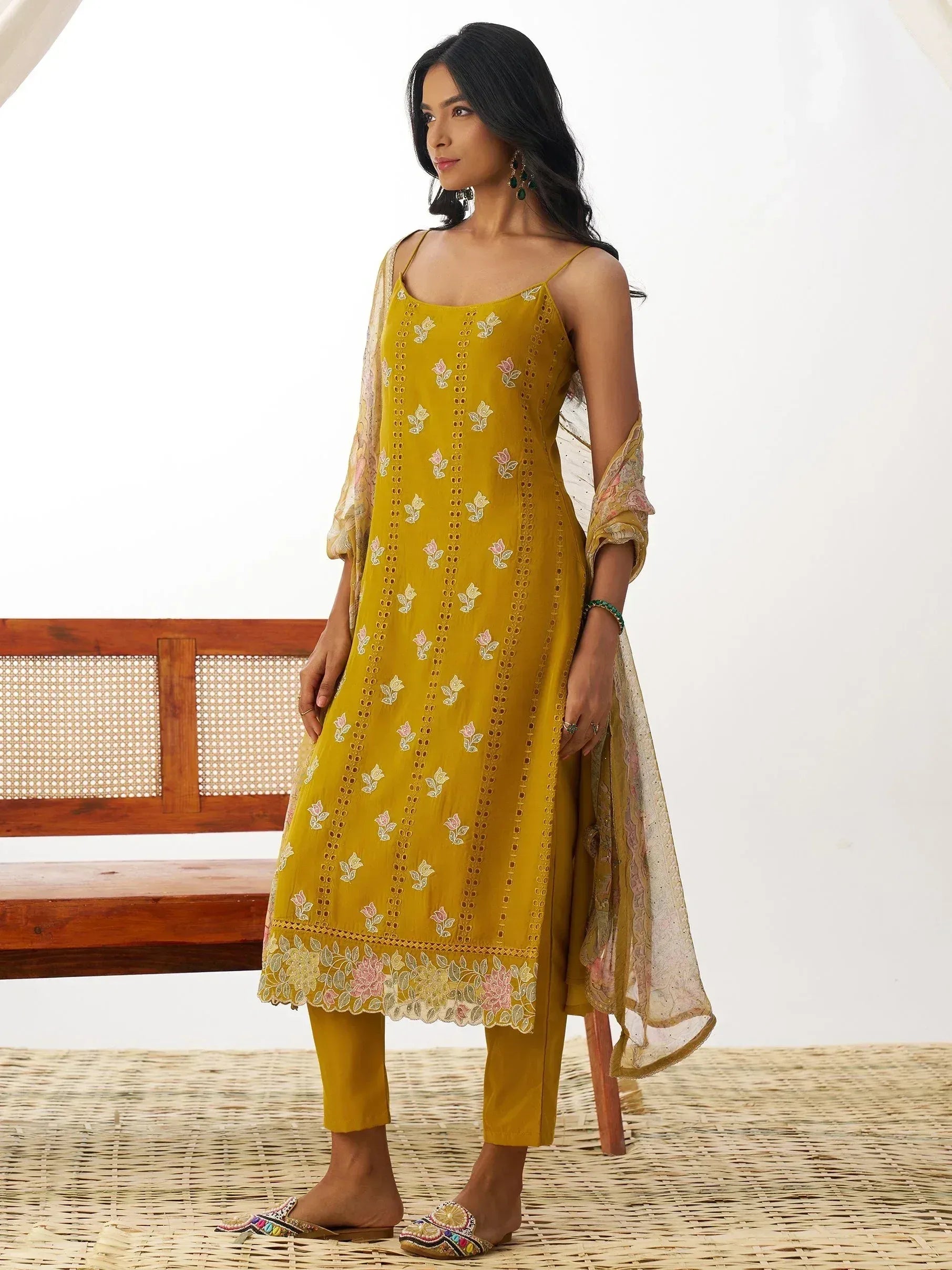 Yellow floral embroidered ethnic kurti with matching pants and dupatta, perfect for Indian wear