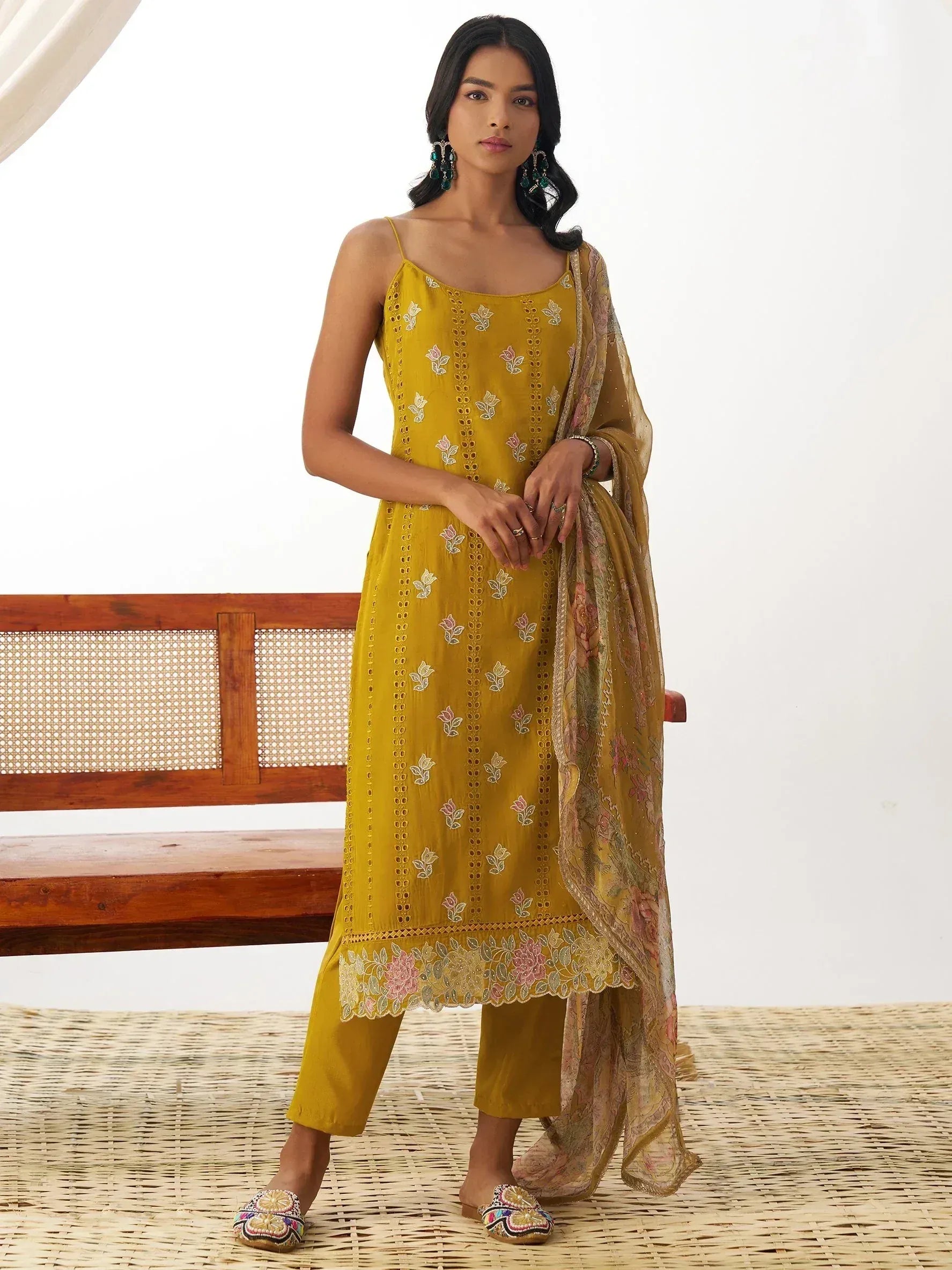 Mustard yellow embroidered salwar kameez with floral dupatta, ethnic wear for women