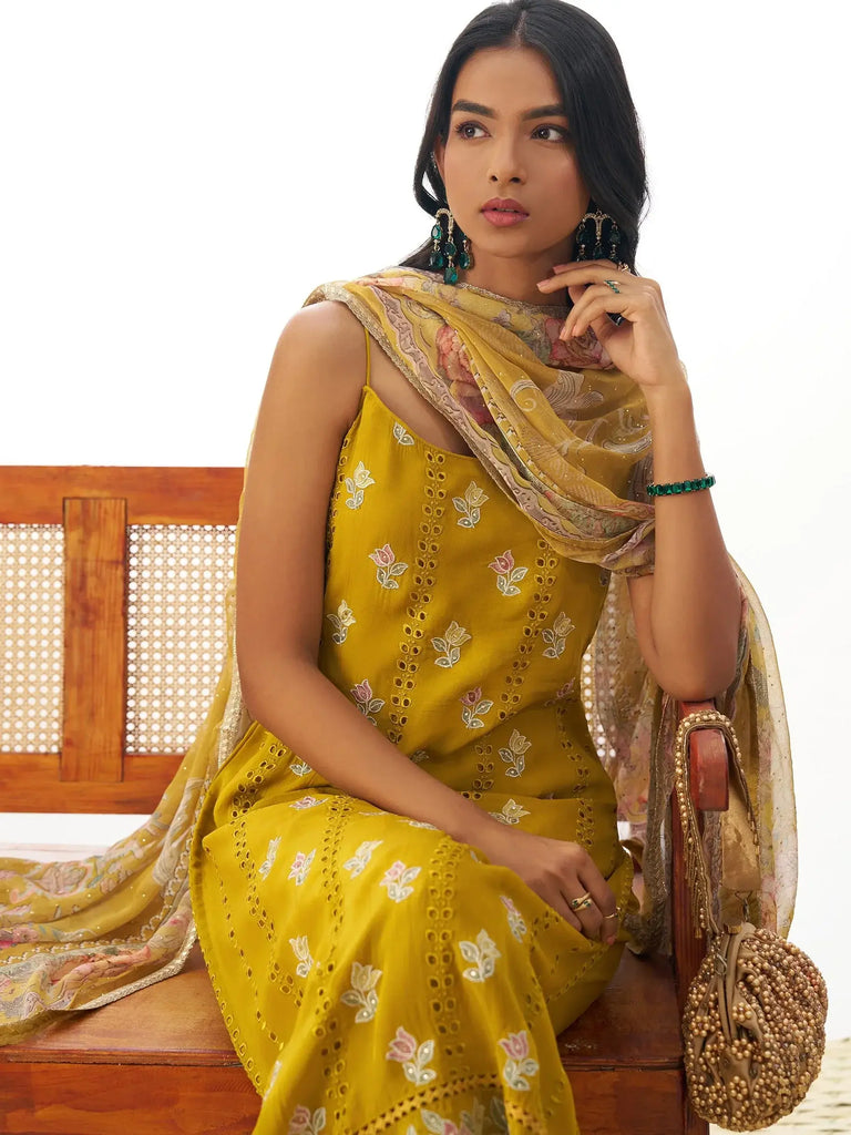 Stunning Mustard Yellow Thread Work Organza Haldi Wear Straight Suit