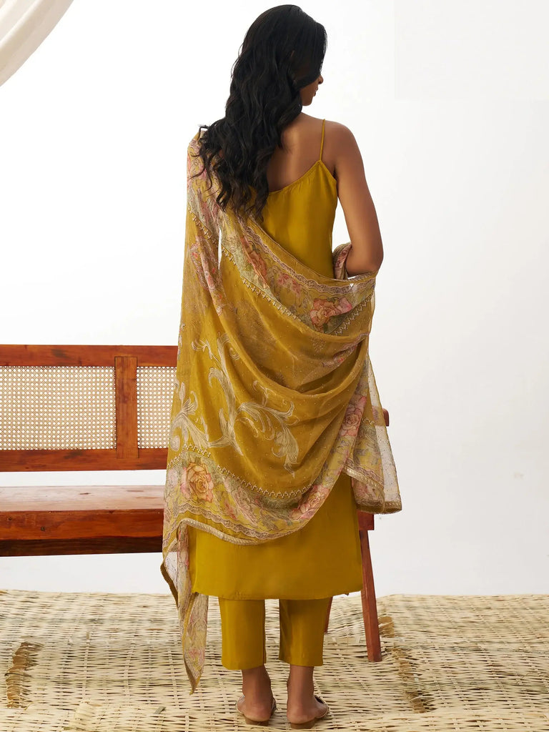 Stunning Mustard Yellow Thread Work Organza Haldi Wear Straight Suit