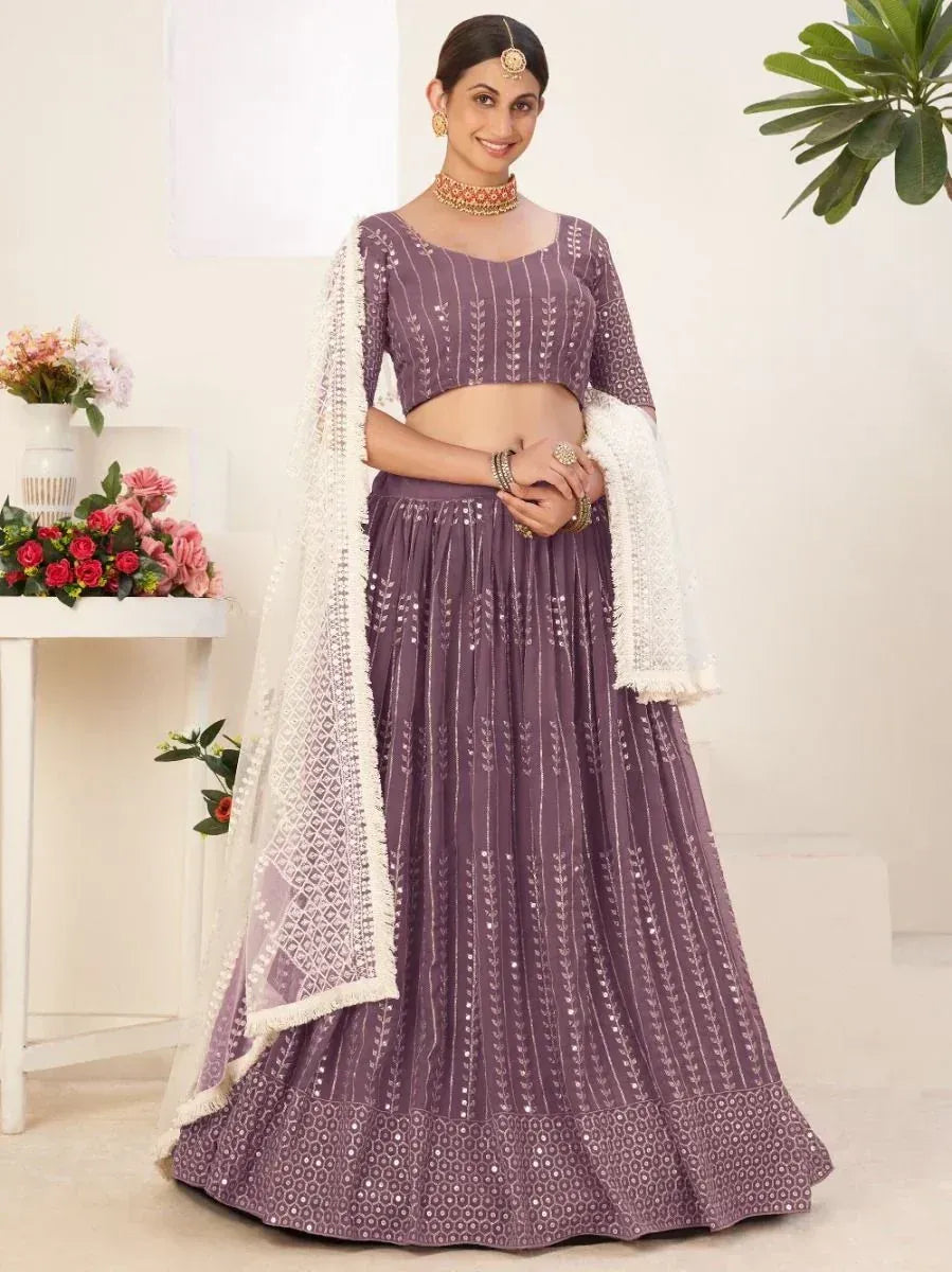 Purple embroidered lehenga choli with white dupatta, Indian ethnic wear for women