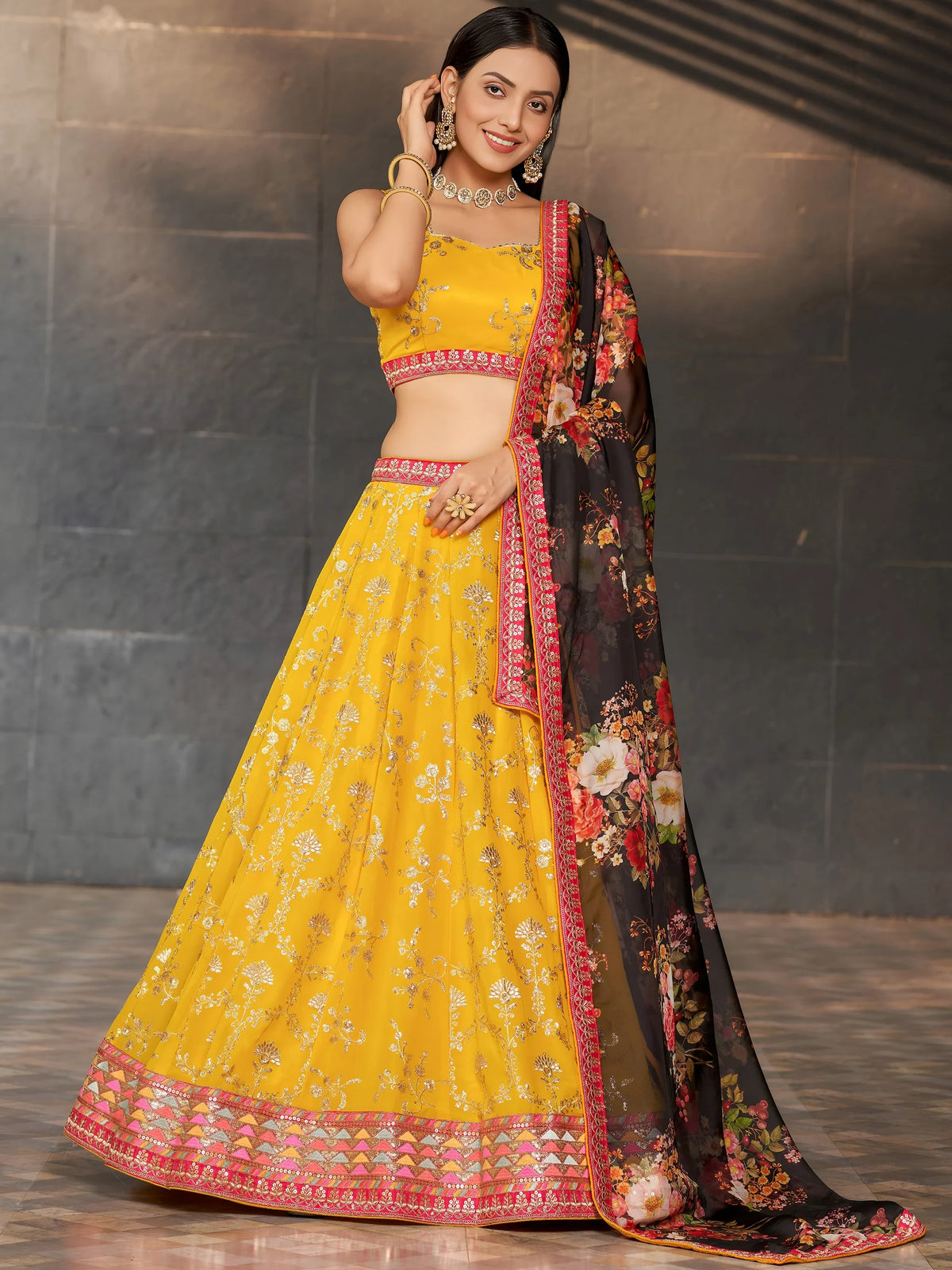 Astonishing Yellow Sequins Georgette Haldi Wear Lehenga Choli