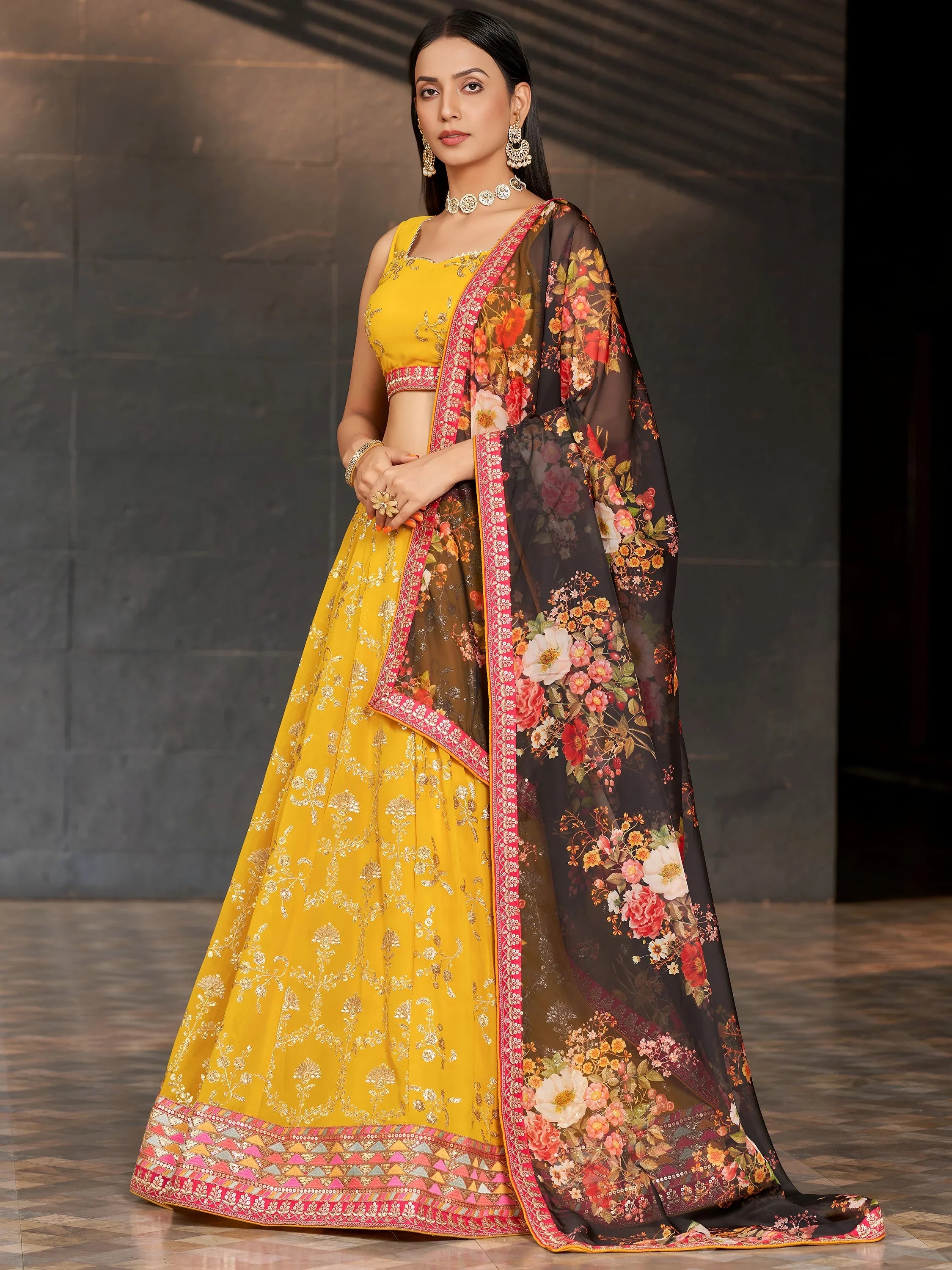 Astonishing Yellow Sequins Georgette Haldi Wear Lehenga Choli