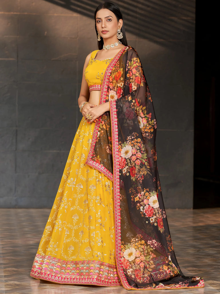 Astonishing Yellow Sequins Georgette Haldi Wear Lehenga Choli