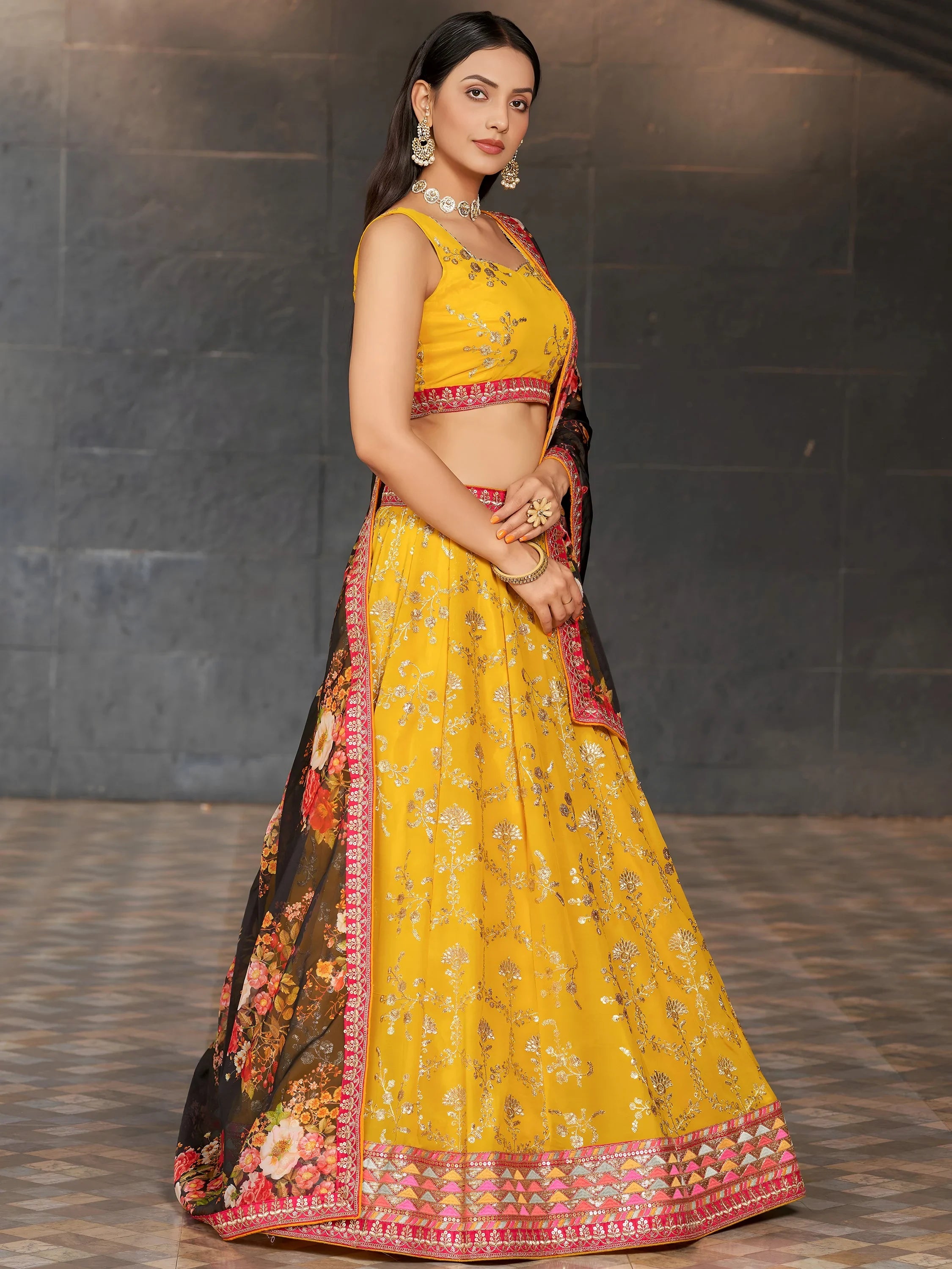 Astonishing Yellow Sequins Georgette Haldi Wear Lehenga Choli