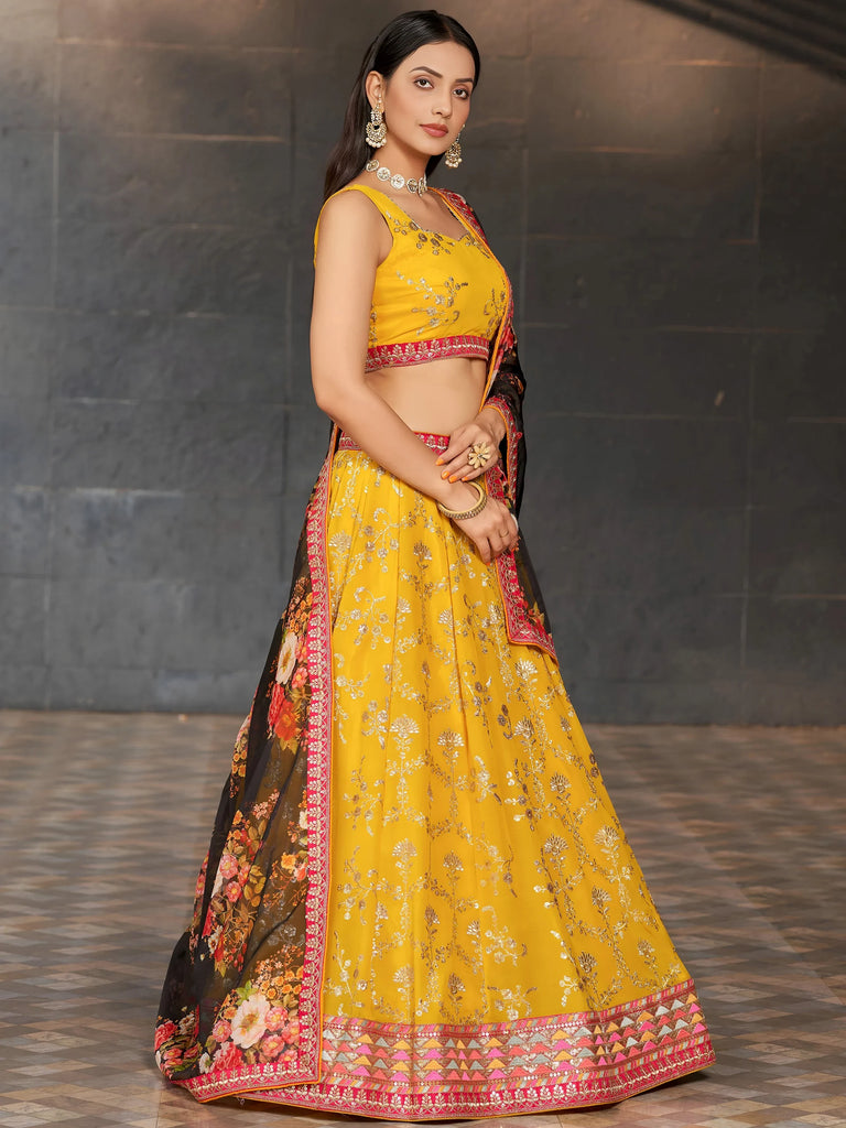 Astonishing Yellow Sequins Georgette Haldi Wear Lehenga Choli